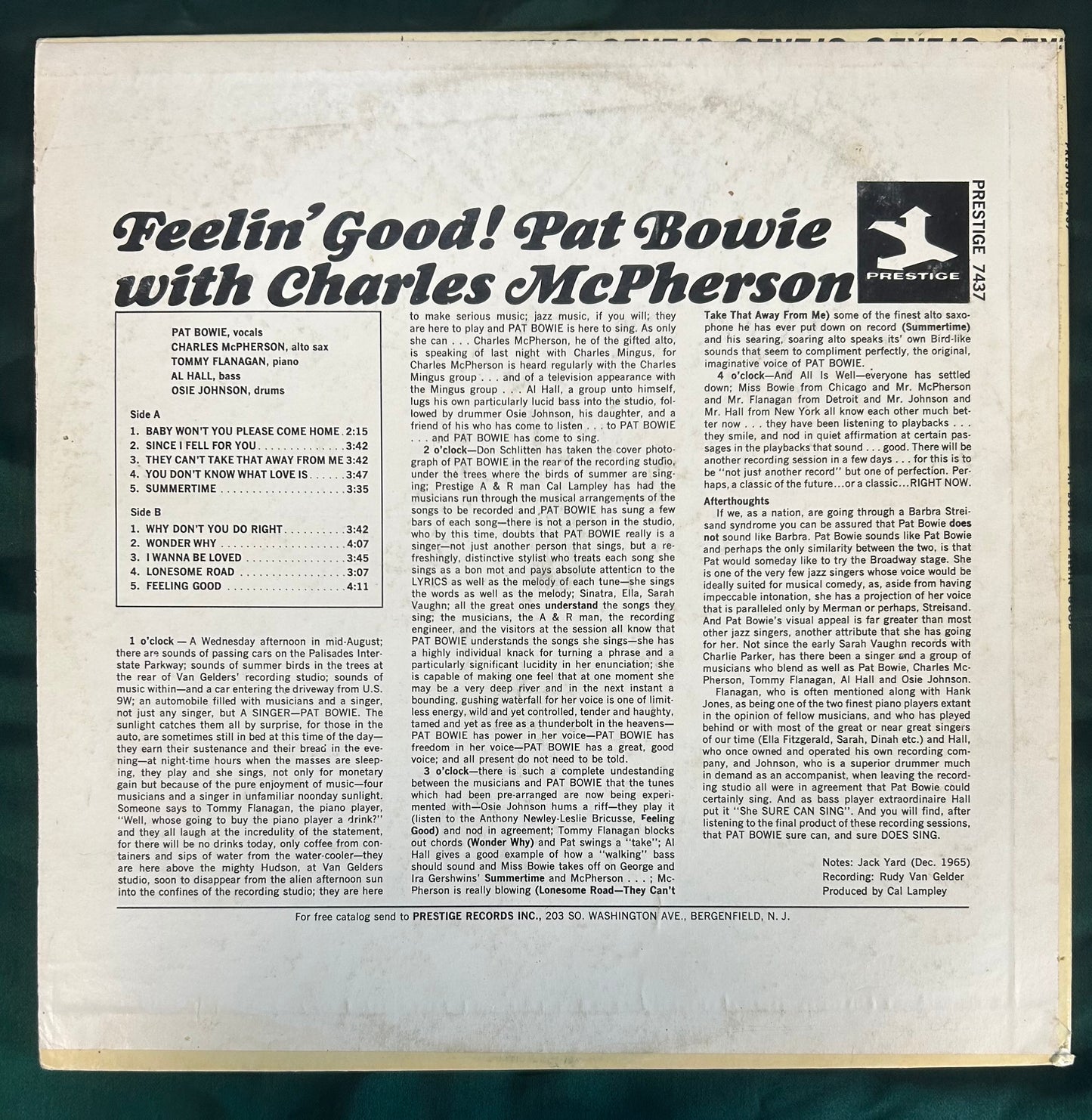 Pat Bowie / charles McPherson - Feelin' Good! 1st Press 1965 Prestige Vocal Jazz Mono