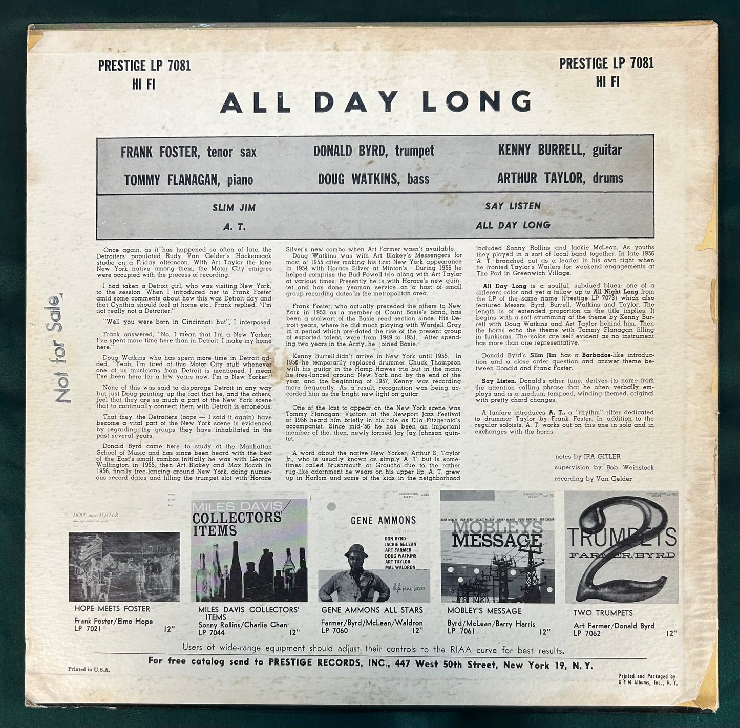 Prestige All Stars - All Day Long 1st Mono Press 1957 Prestige 50th St. PROMO