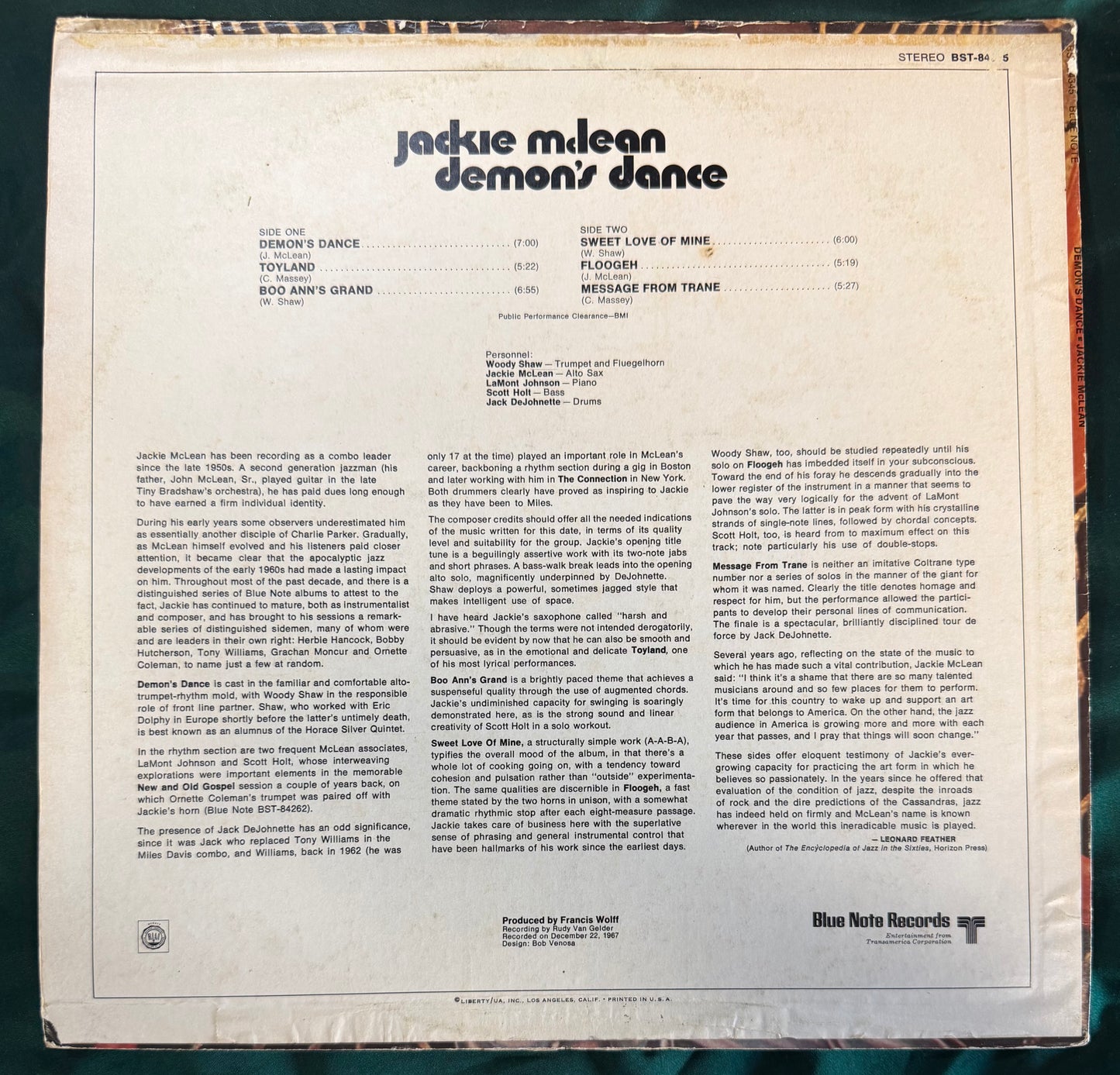 Jackie McLean - Demon's Dance 1973 Blue Note Black "b" Van Gelder