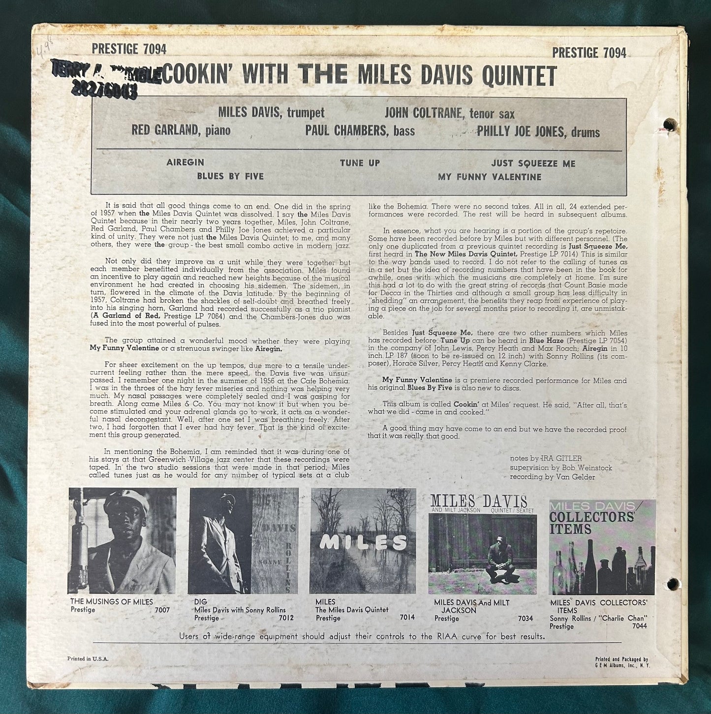Miles Davis Quintet - Cookin' 2nd Press 1958 Bergenfield Label Prestige