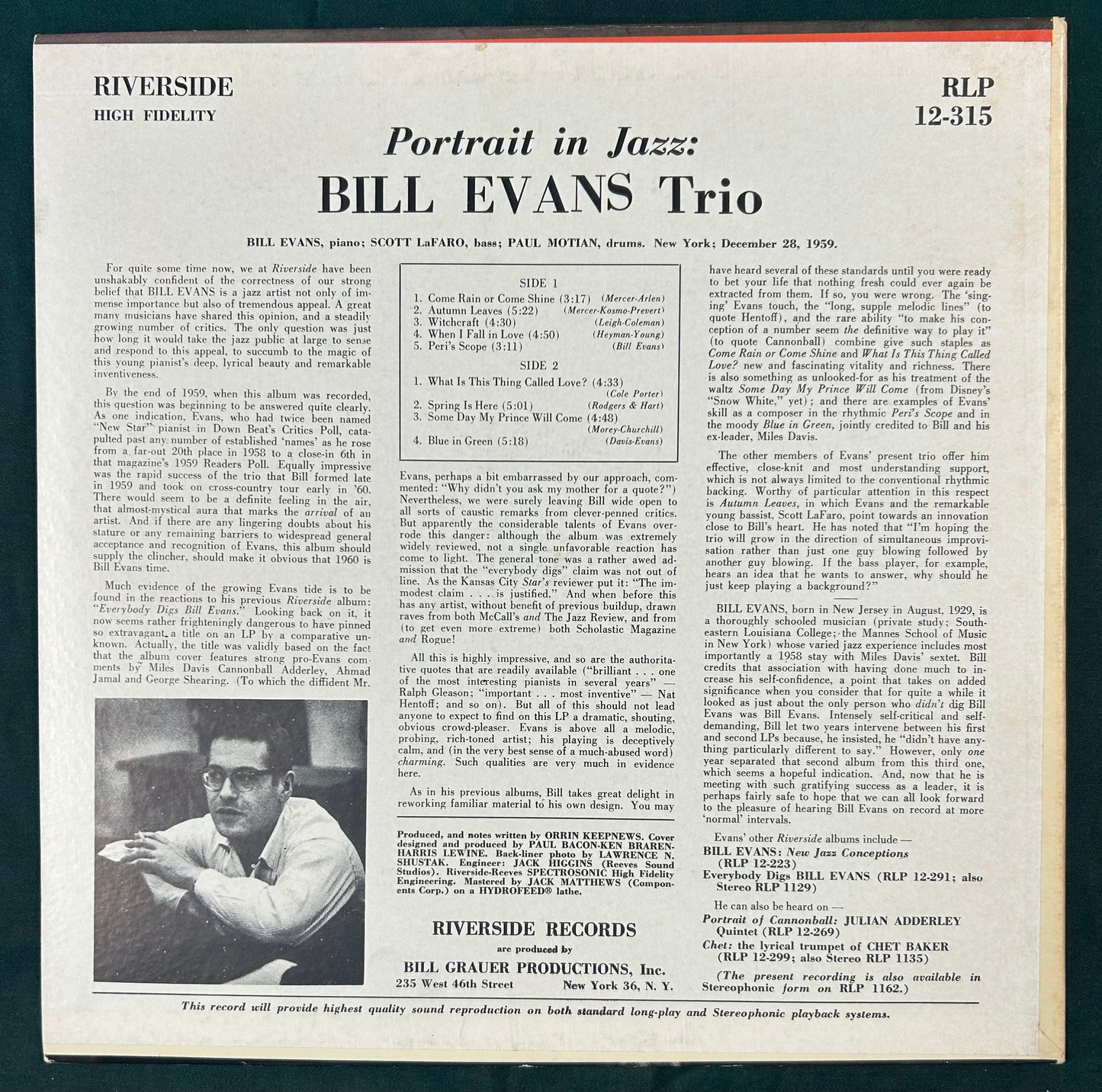 Bill Evans Trio - Portrait In Jazz 1962 Mono Pres Riverside DG