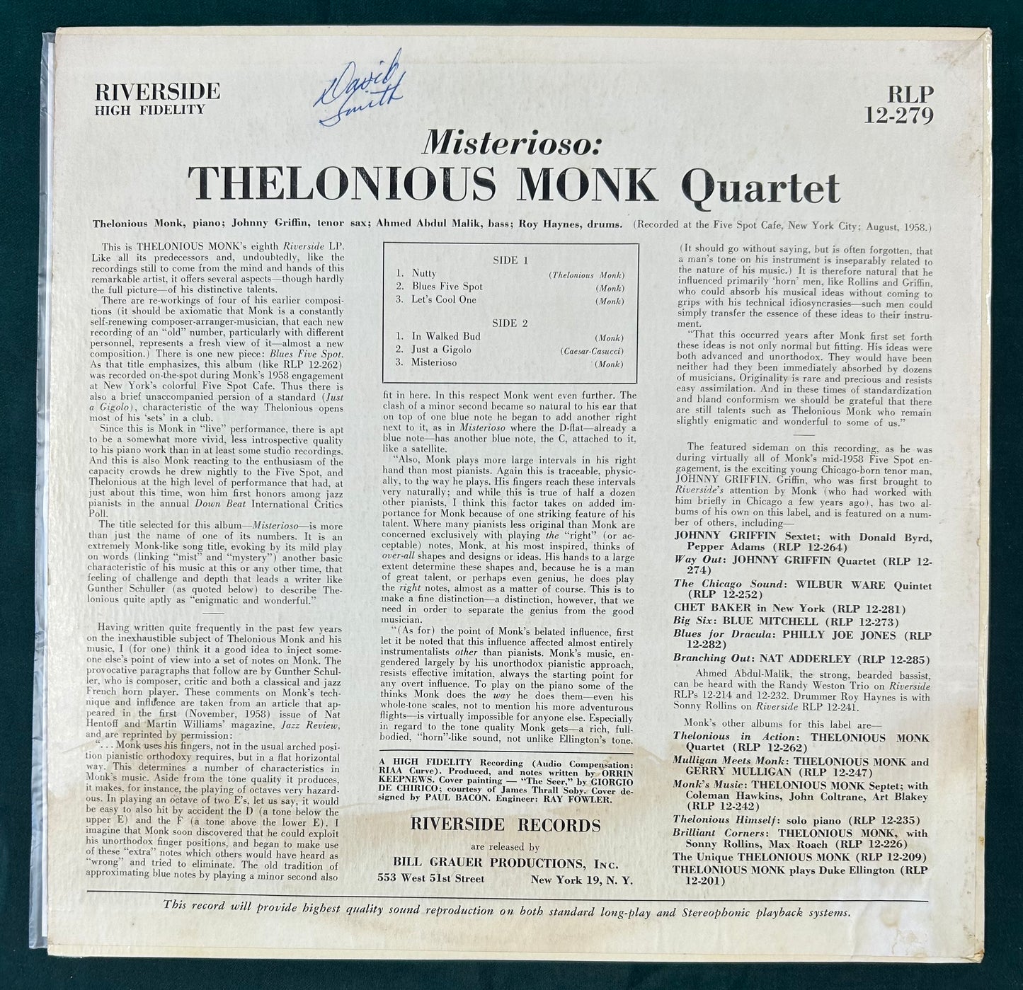 Thelonious Monk - Misterioso 1st Press 1958 Riverside Mono DG