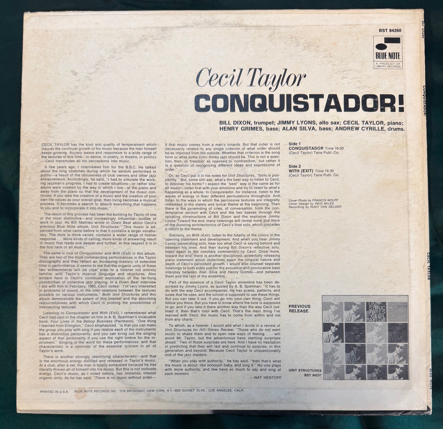 Cecil Taylor - Conquistador 1st Press 1968 Blue Note Liberty Van Gelder