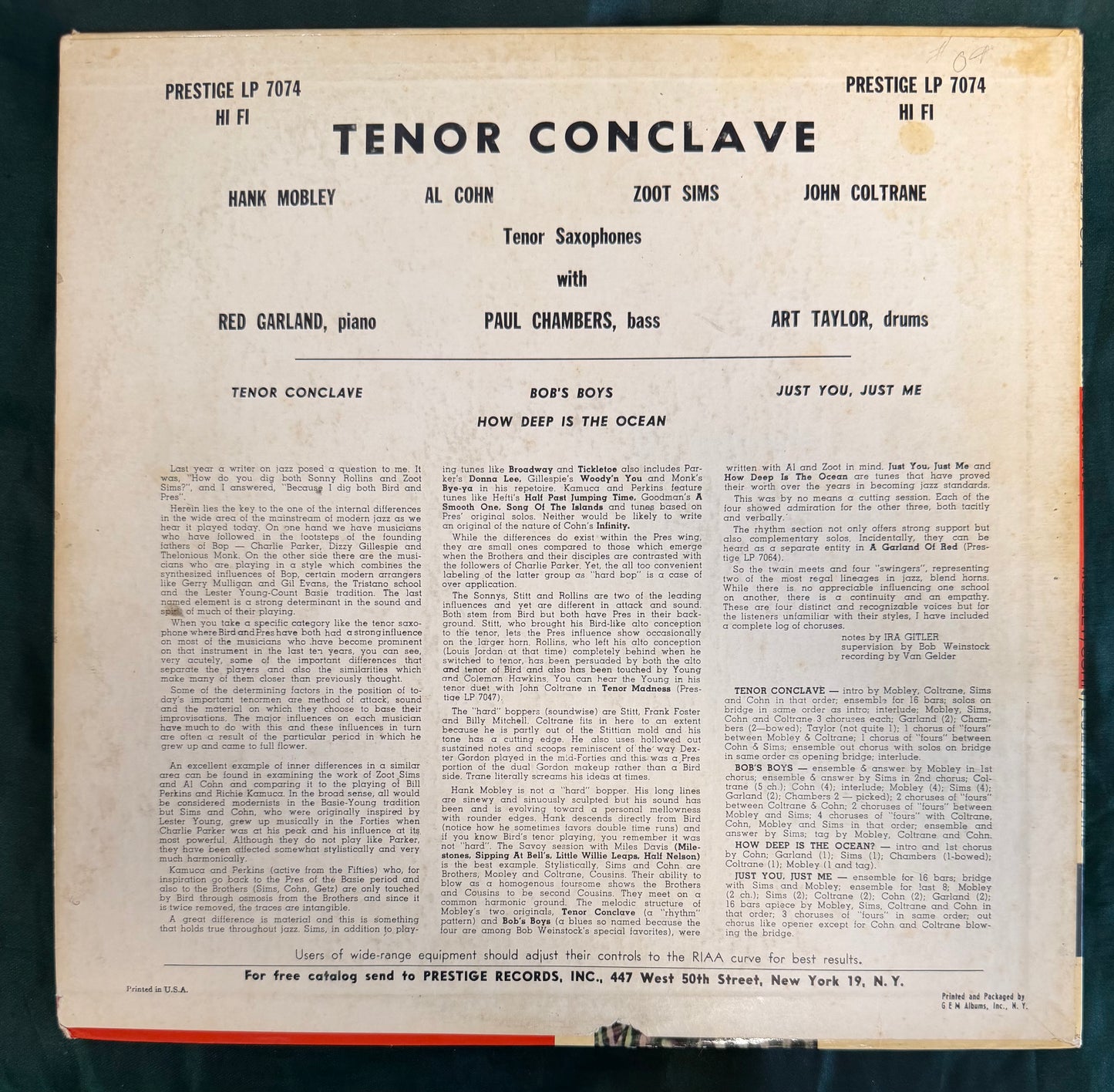 Hank Mobley / Cohn / Coltrane / Sims - Tenor Conclave 1st Press 1957 Prestige 50th St. Fireworks.