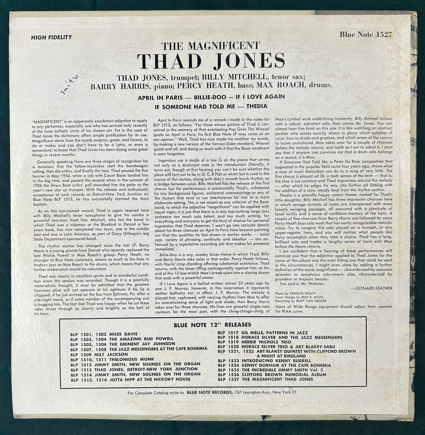 Thad Jones - The Magnificent Thad Jones 1st Mono Press Blue Note 1956 Lexington Ave