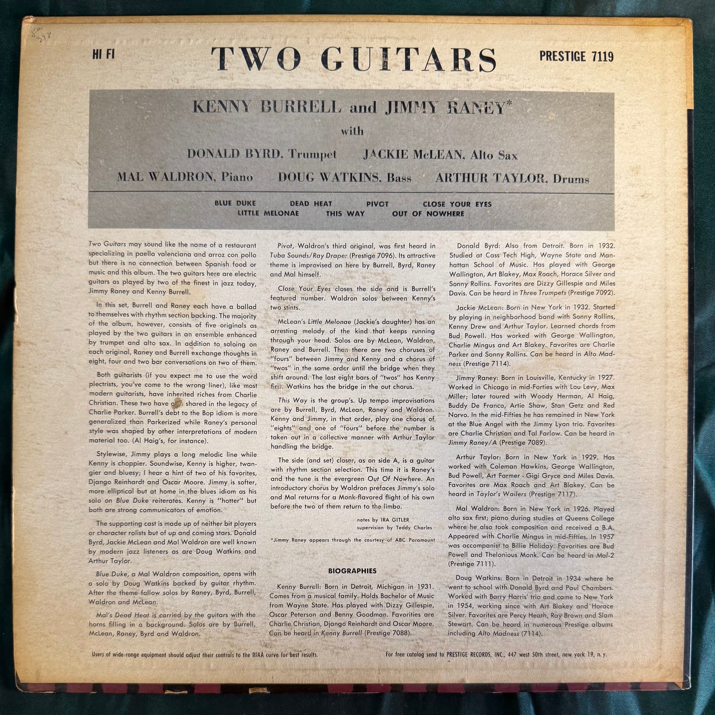 Kenny Burrell / Jimmy Raney - 2 Guitars 1st Mono Press 1957 Prestige Fireworks