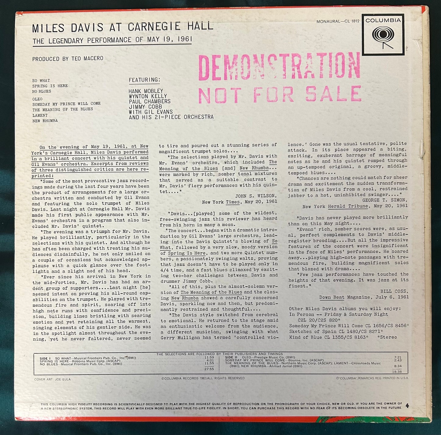 Miles Davis - At Carnegie Hall 1st Press 1962 Mono Promo Columbia 6-Eye