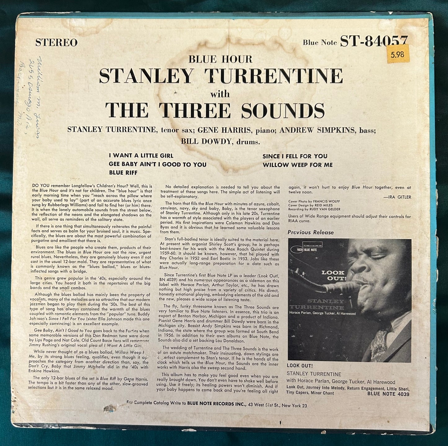 Stanley Turrentine w/ The Three Sounds - Blue Hour 1st Press 1961 Stereo Blue Note