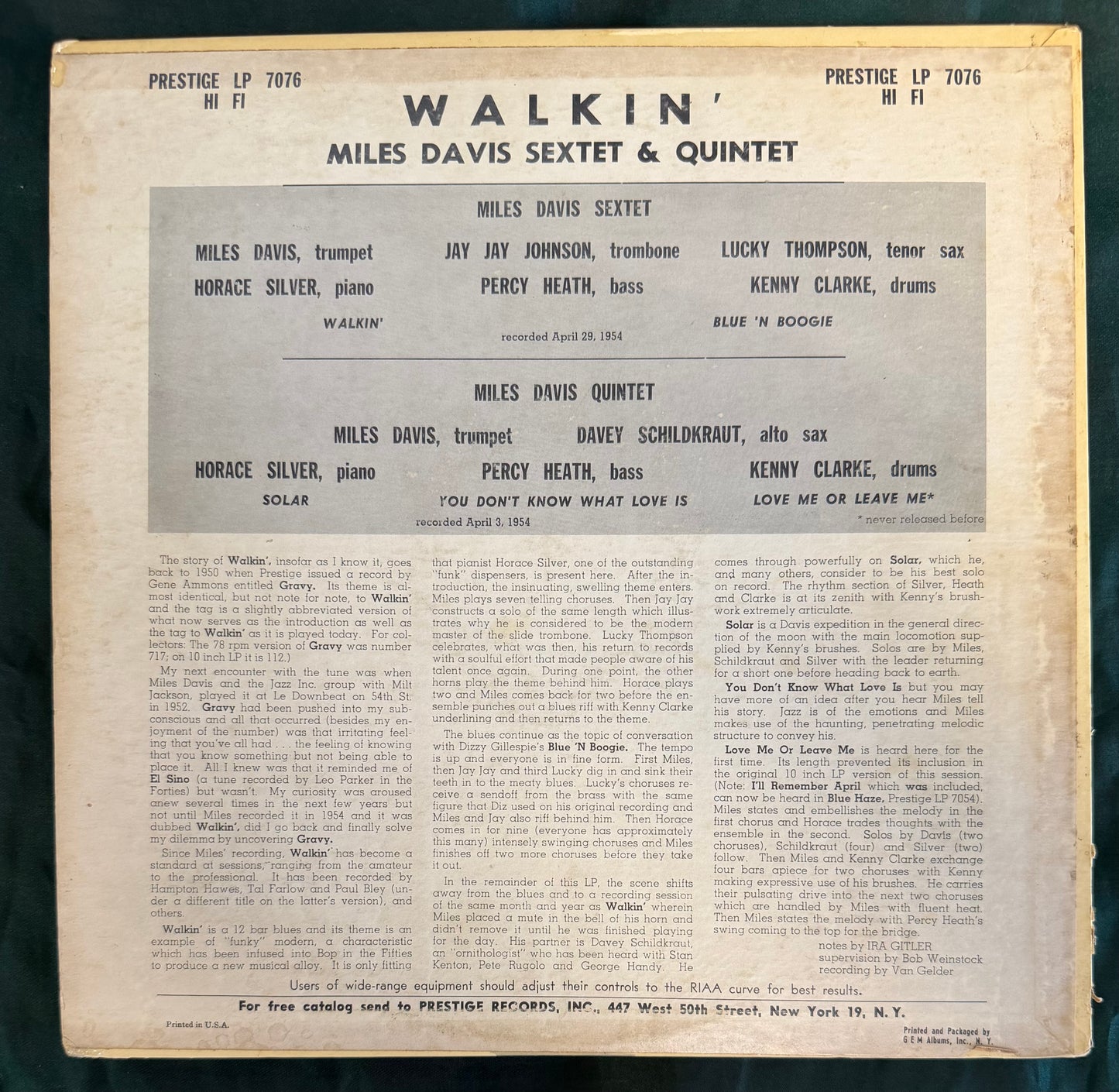Miles Davis All Stars - Walkin’ 1st Press 1957 Mono 50th St. Prestige Fireworks