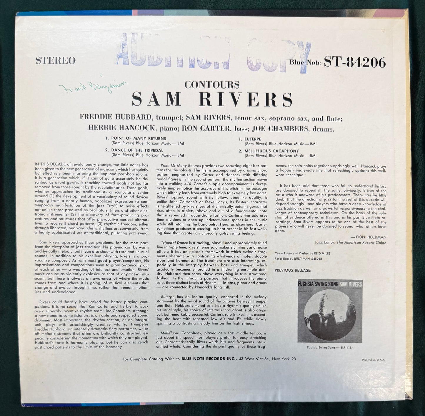 Sam Rivers - Contours 1st Stereo Press 1967 Blue Note NY RVG