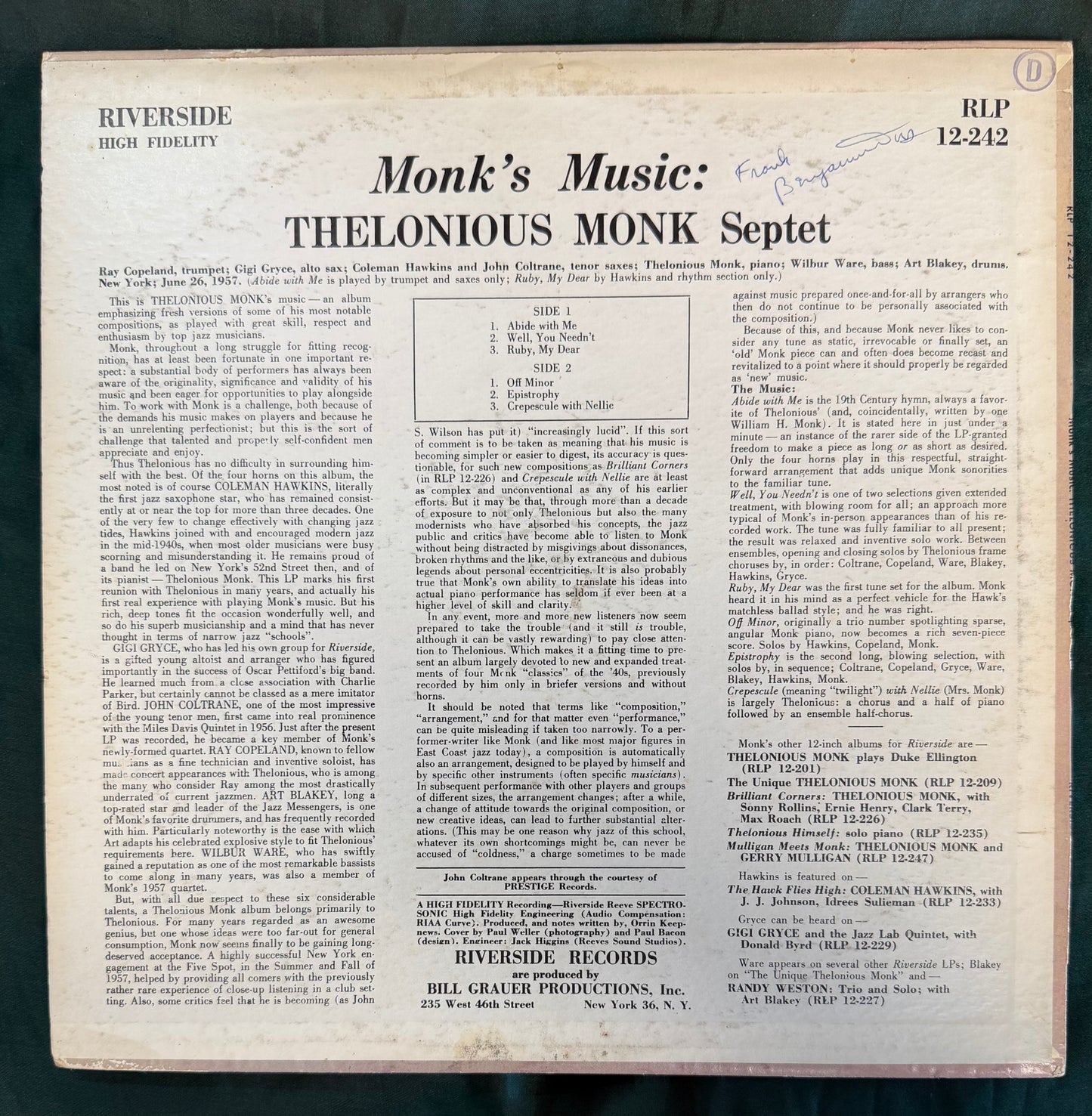 Thelonious Monk - Monk's Music 1961 Mono Press Riverside