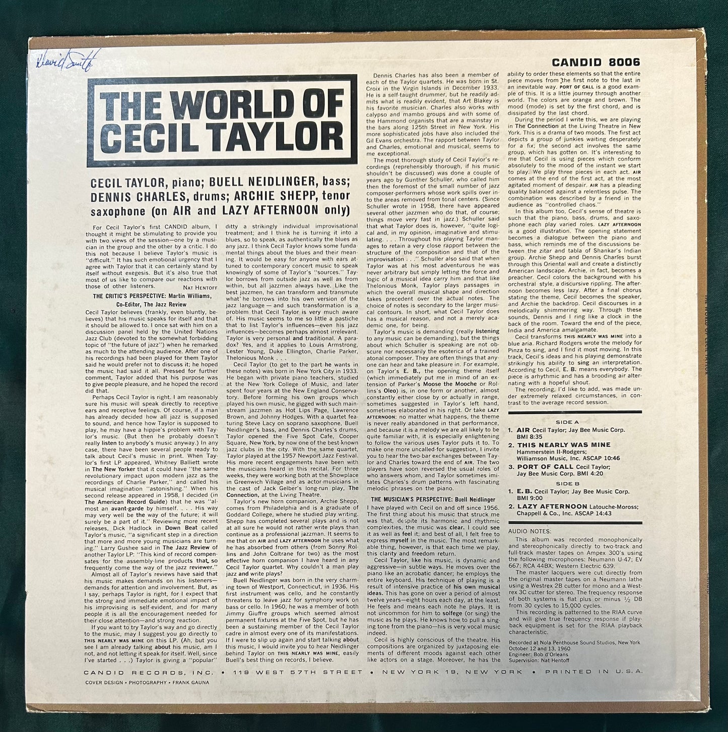 Cecil Taylor - The World Of Cecil Taylor 1961 Candid Records Mono