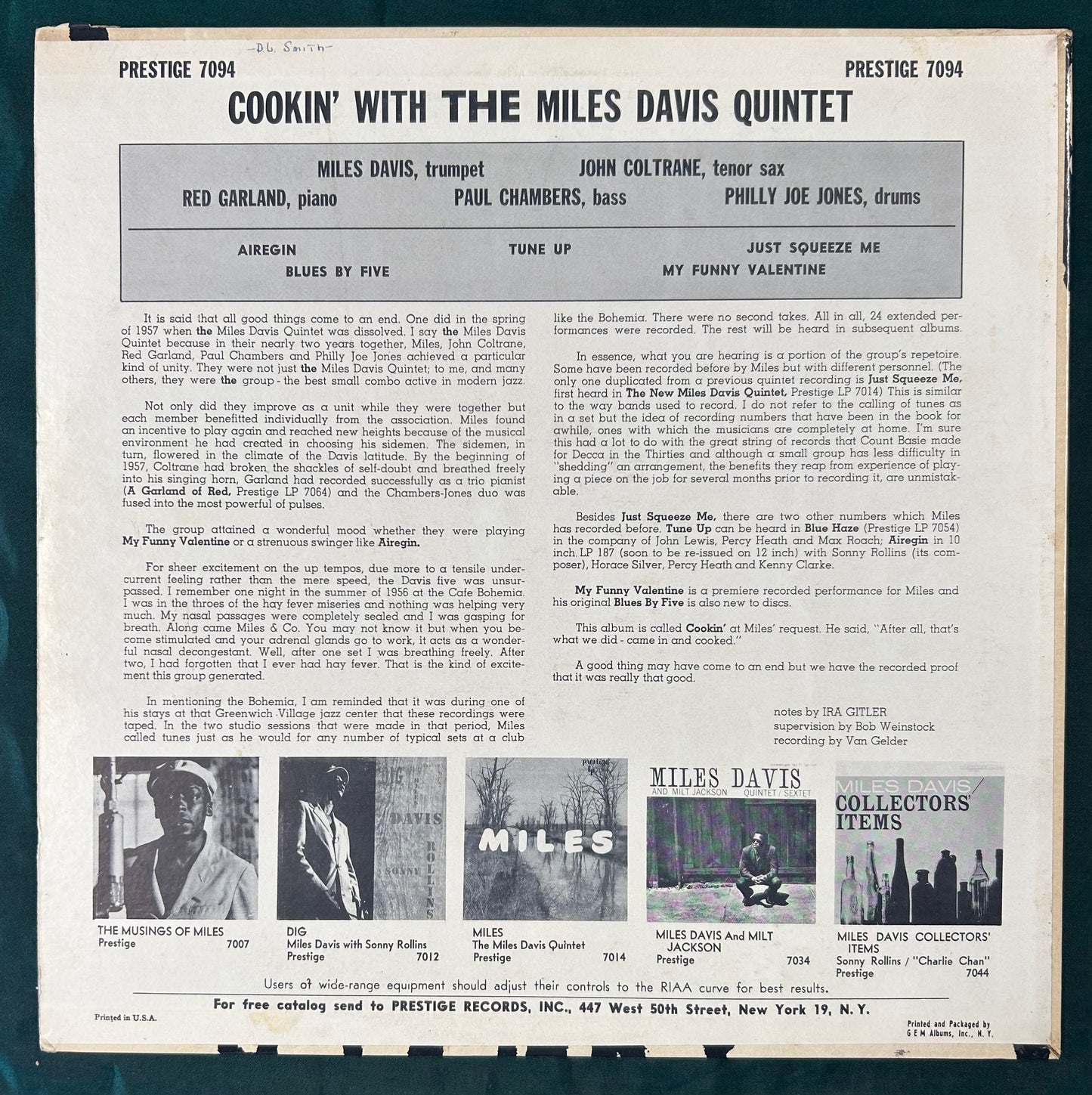 Miles Davis Quintet - Cookin' 1st Mono Press 1957 Prestige 50th St. NY Label