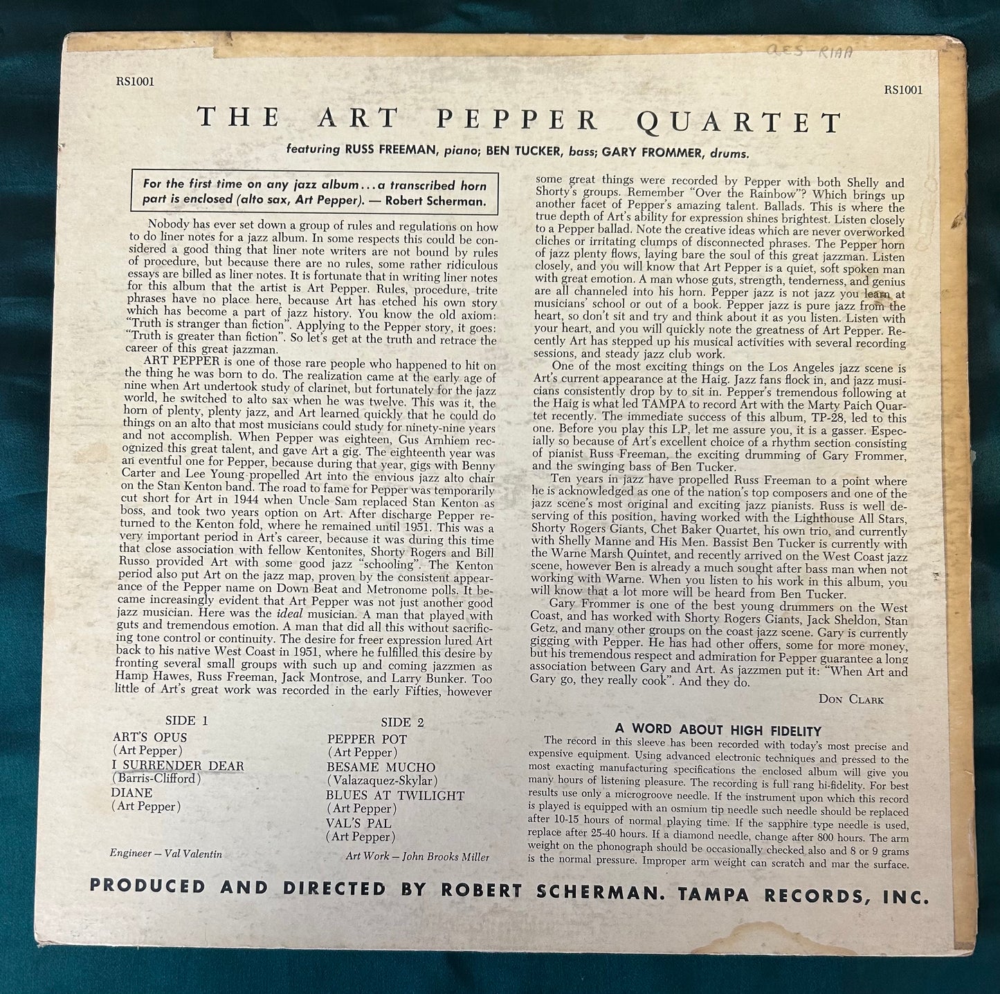 Art Pepper - The Art Pepper Quartet 1st Press 1957 Black Tampa Label Rare!