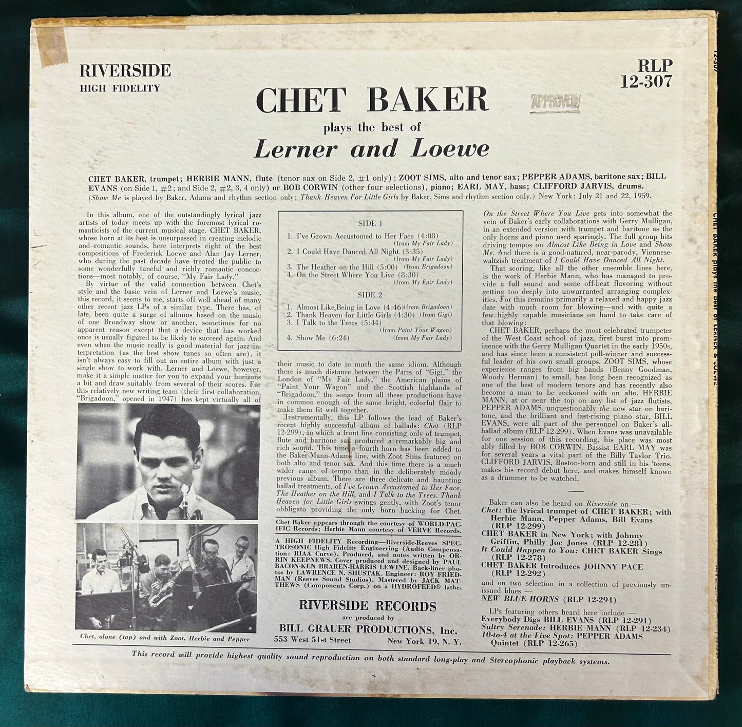 Chet Baker - Plays The Best of Lerner & Loewe 1st Press Mono 1959 Riverside