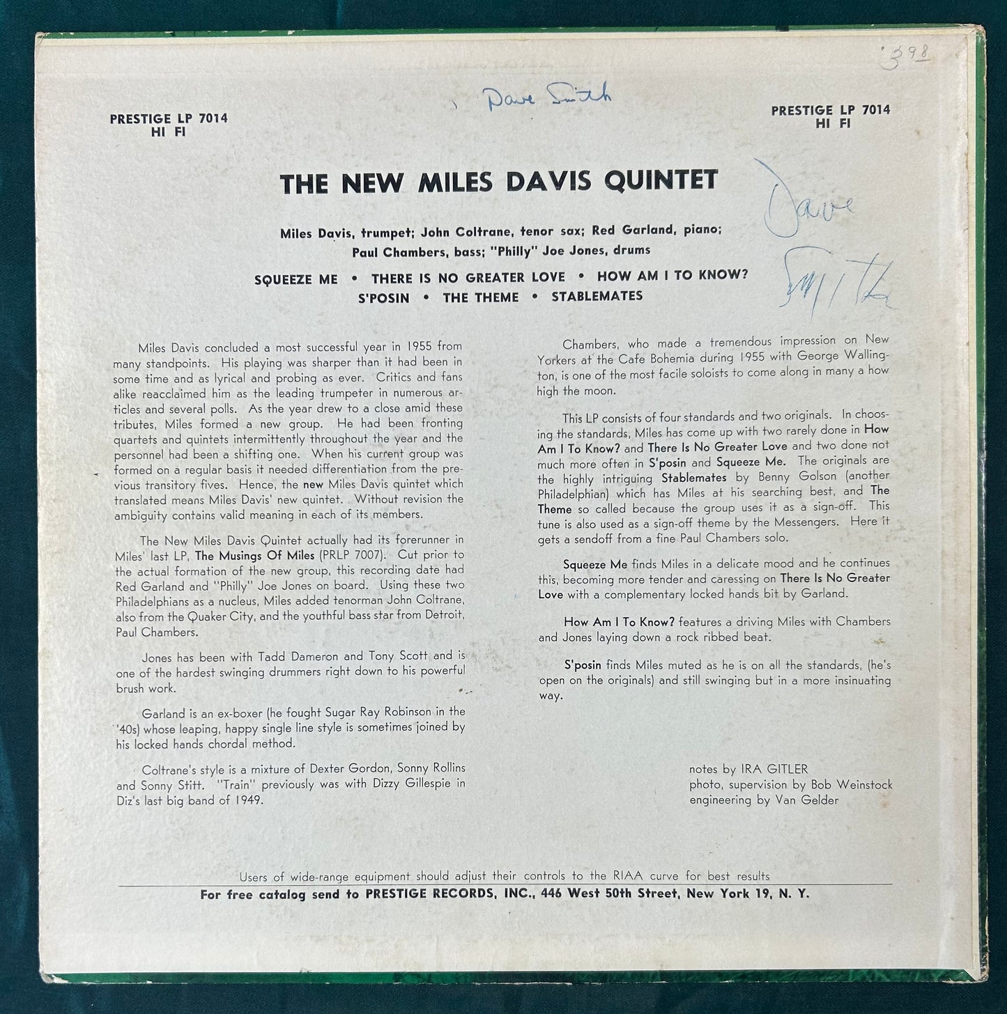 Miles Davis - Miles Prestige 7014 1st Mono Press 1956 50th St. Label