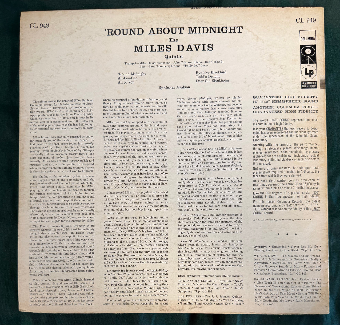 Miles Davis - ‘Round About Midnight 1st Press 1957 Mono 6-Eye Columbia -1A
