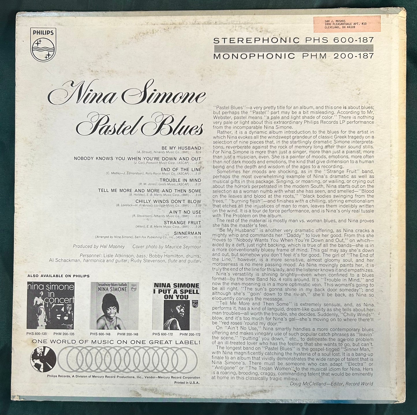 Nina Simone - Pastel Blues 1st Mono Press Philips 1965 DG