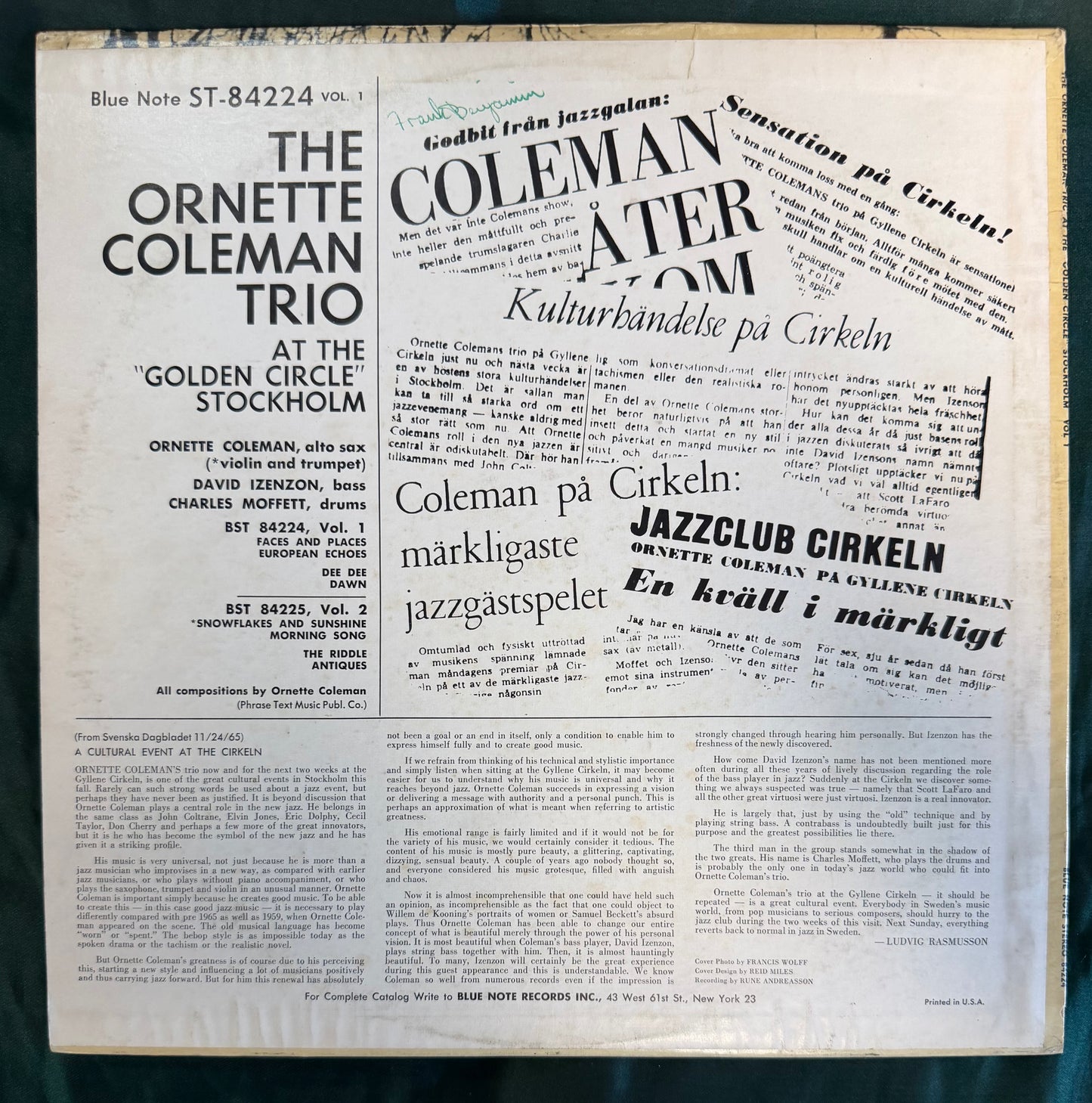 Ornette Coleman - At The "Golden Circle" Stockholm 1st Press 1966 Blue Note "p" Van Gelder