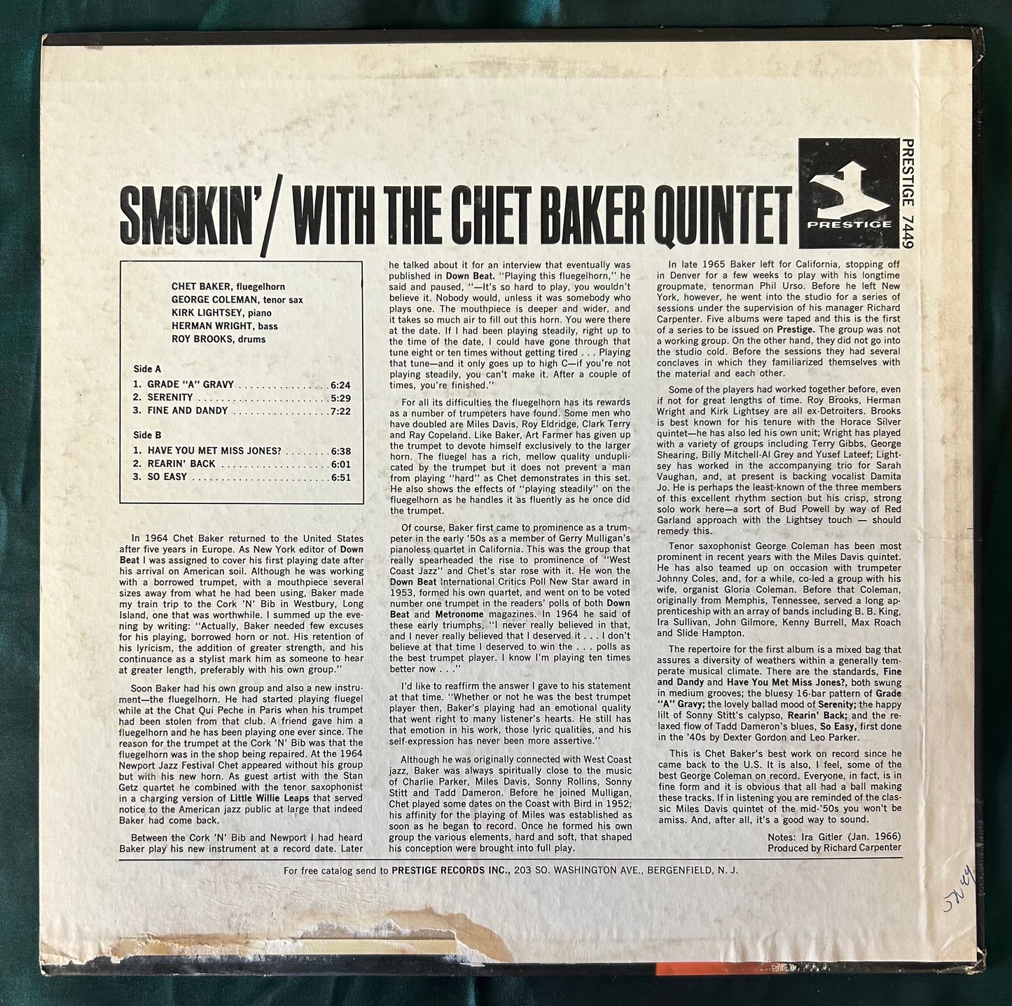 Chet Baker Quintet - Smokin’ 1st Press Mono 1966 Prestige Trident