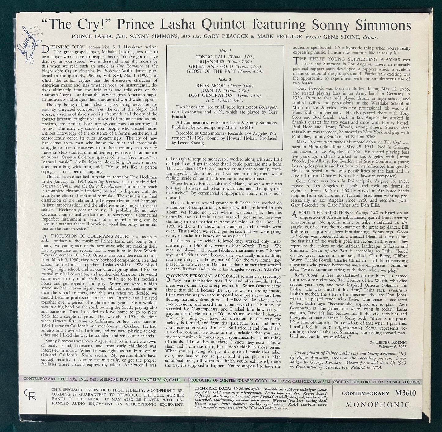 Prince Lasha Quintet - Sonny Simmons - The Cry! 1st Mono Press 1963 DG Contemporary
