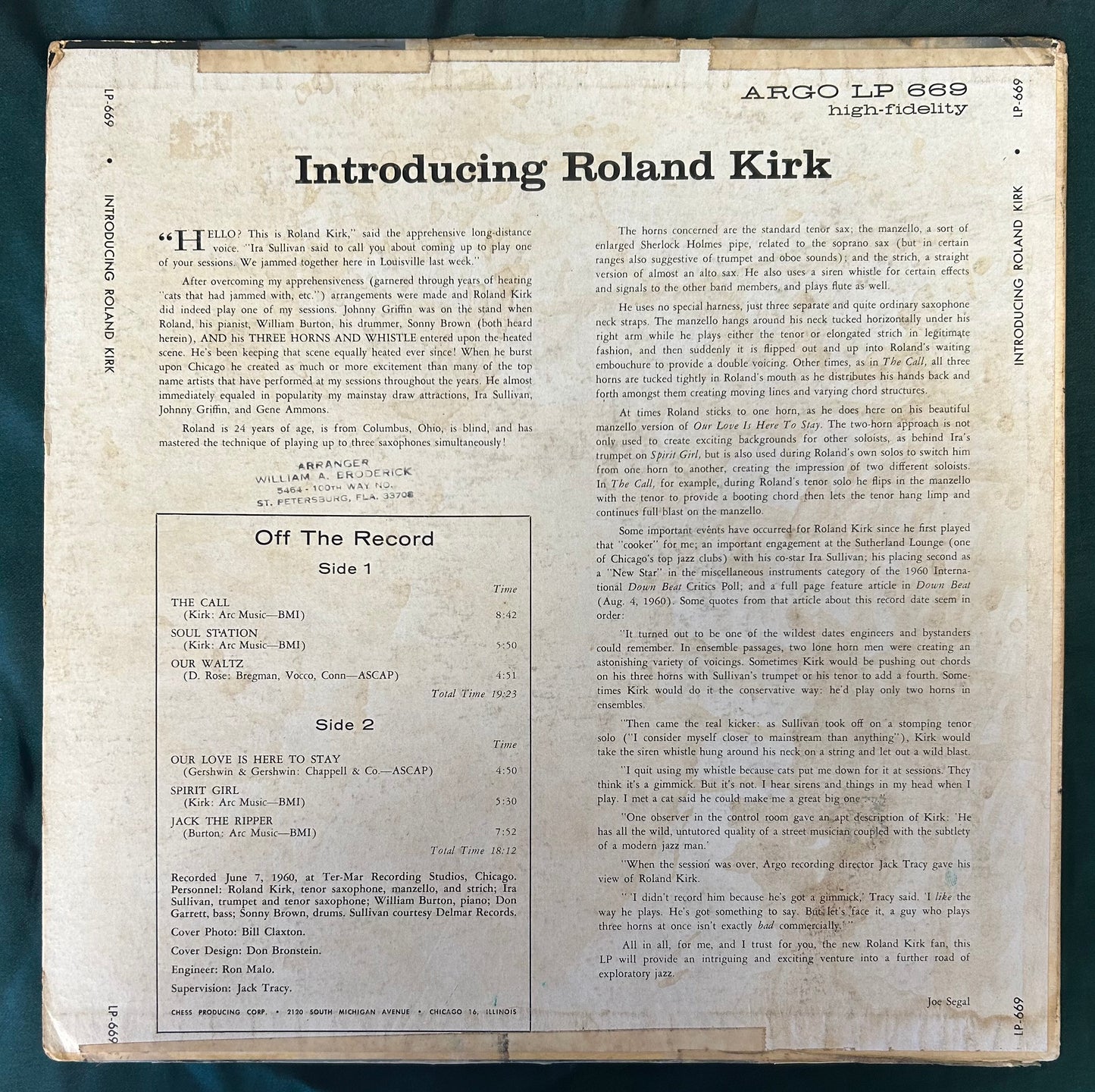 Roland Kirk - Introducing Roland Kirk 1st Mono Press 1960 Argo