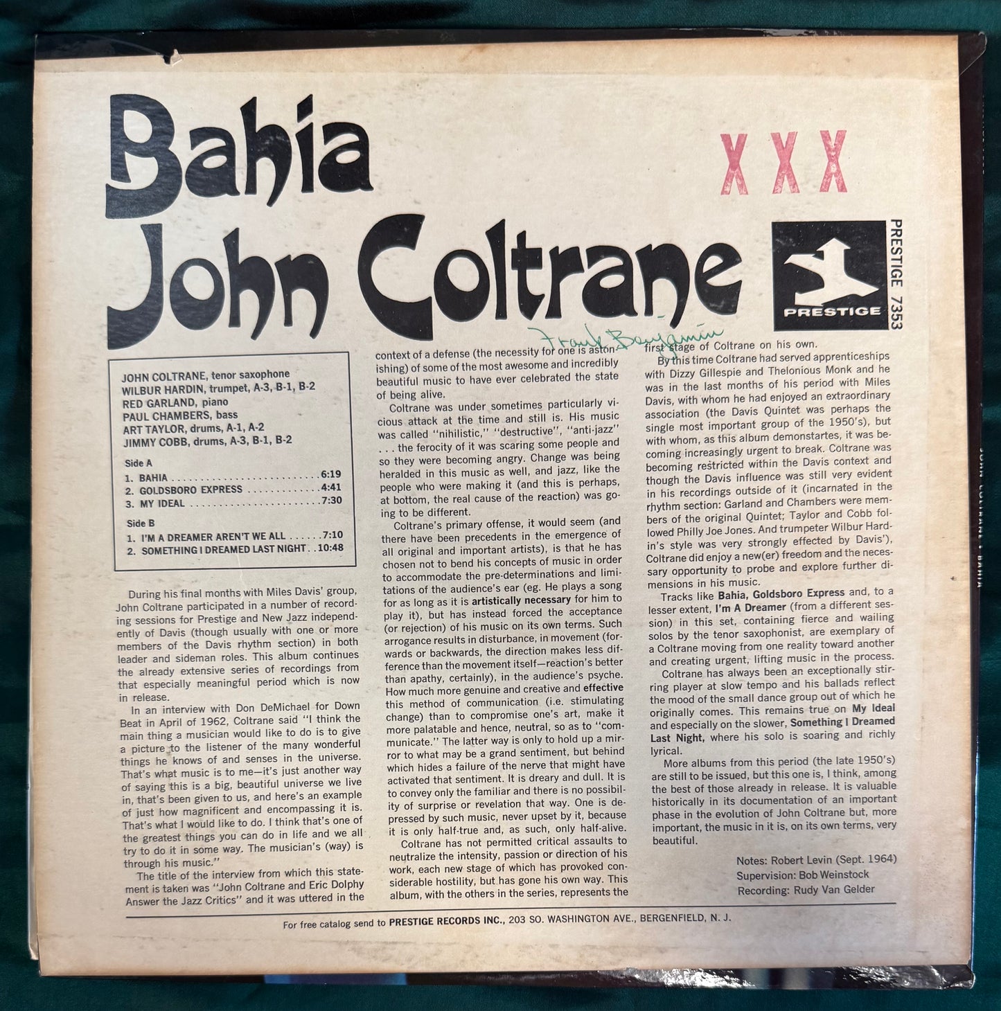 John Coltrane - Bahia 1st Press 1965 Mono Prestige Trident