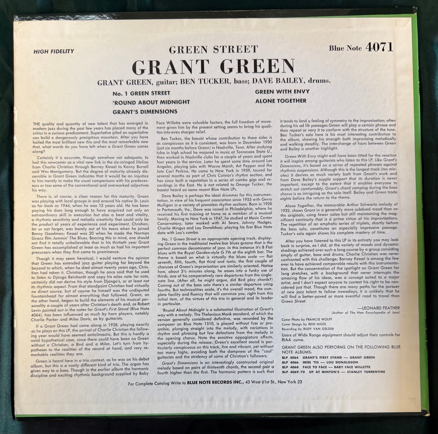 Grant Green - Green Street 1st Mono Press 1961 Non-DG Blue Note NY Label