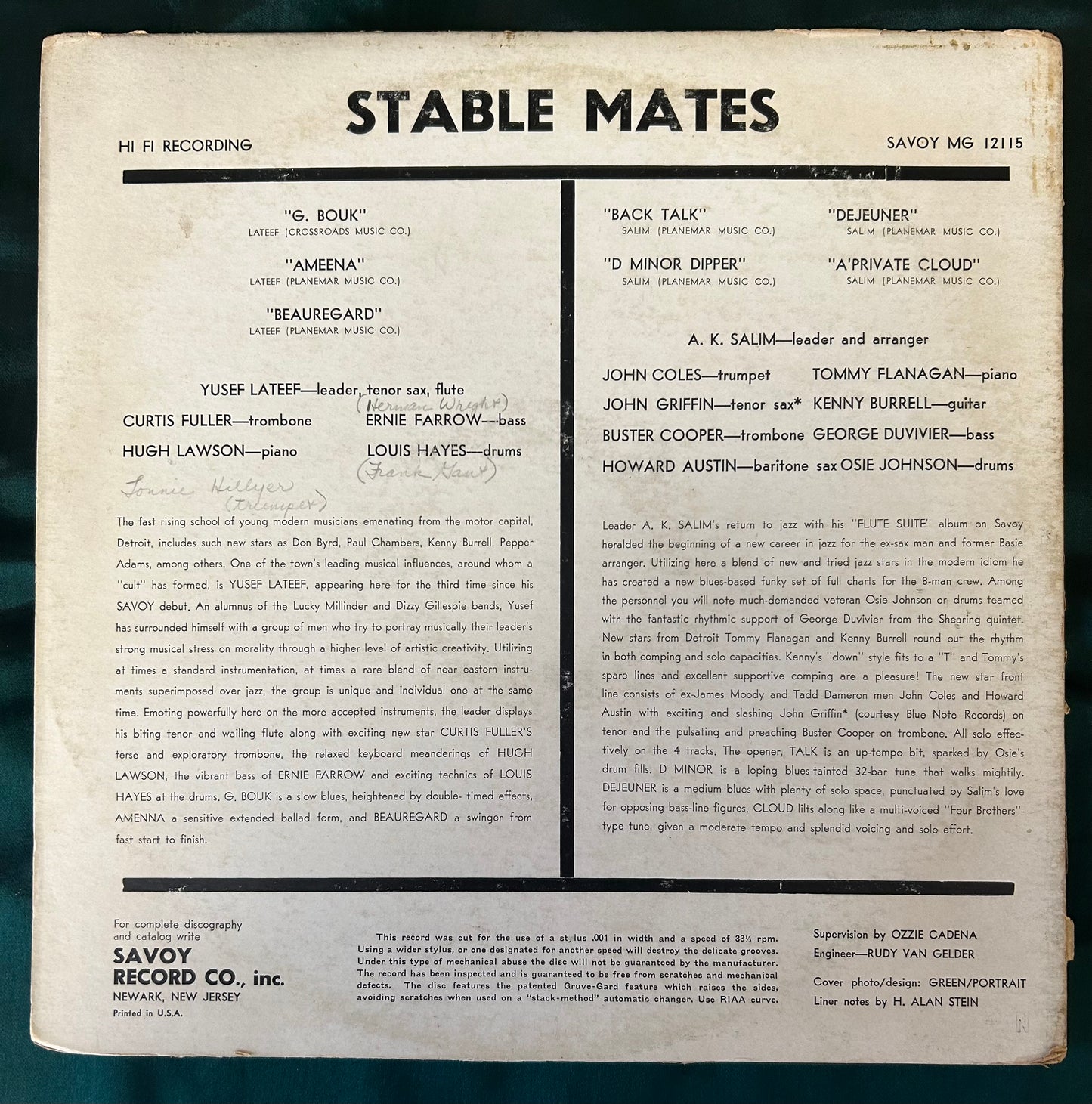 Yusef Lateef / A.K. Salim - Stable Mates 1st Mono Press 1957 Savoy