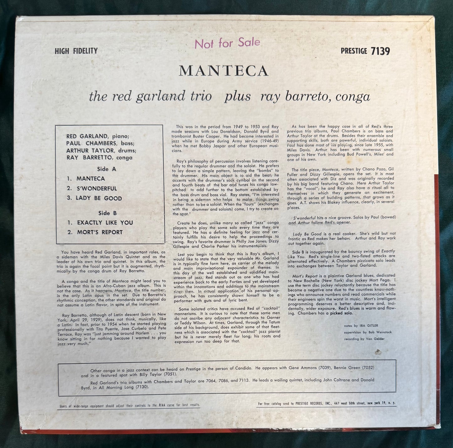 Red Garland Trio - Manteca 1st Mono Press 1958 Prestige 50th St. Promo! RVG