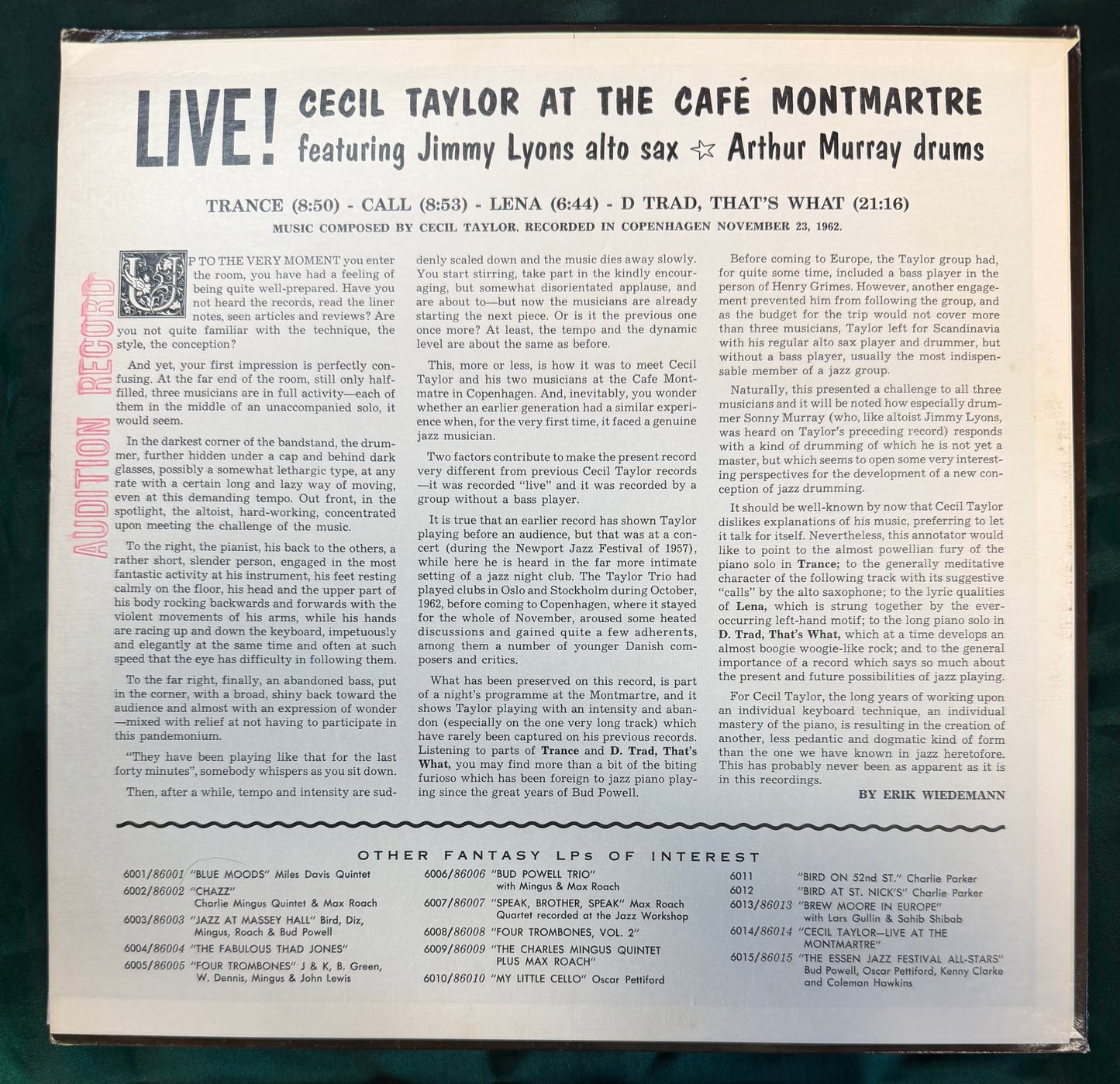 Cecil Taylor - Live at Cafe Montmarte 1st Mono Press Promo 1964