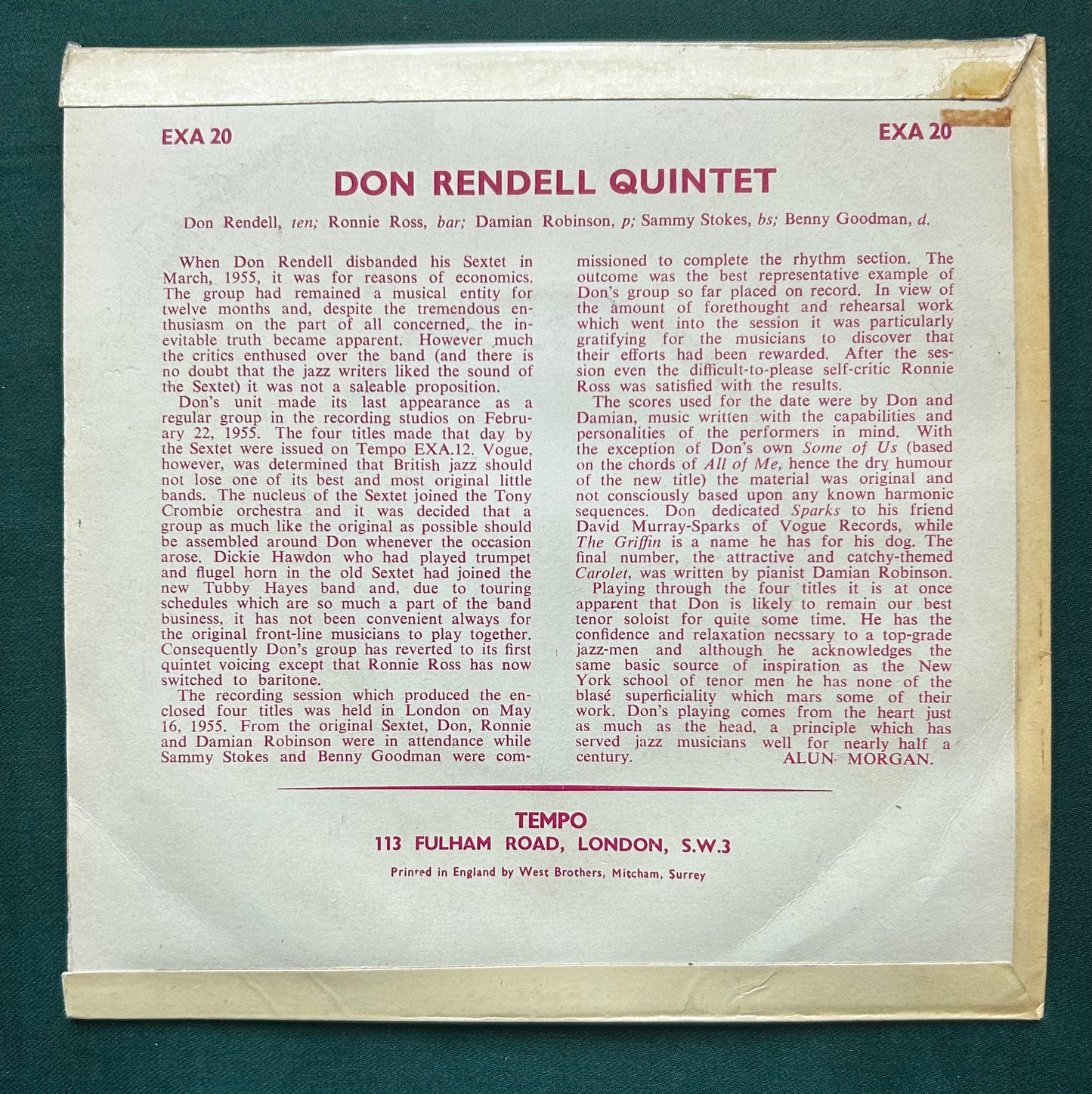 Don Rendell Quintet - Tempo EXA 20 British Jazz EP 1956 7" 45
