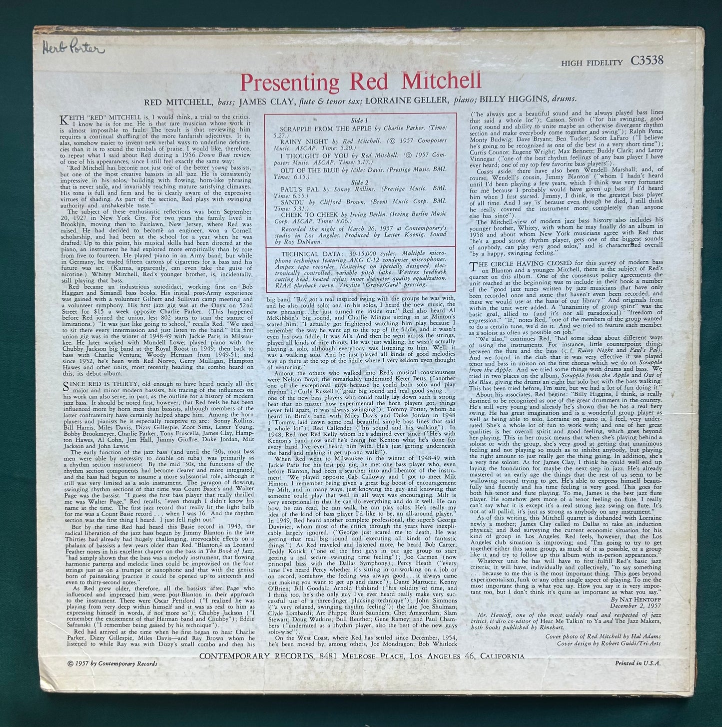 Red Mitchell - Presenting Red Mitchell 1957 Contemporary 1st Mono Press
