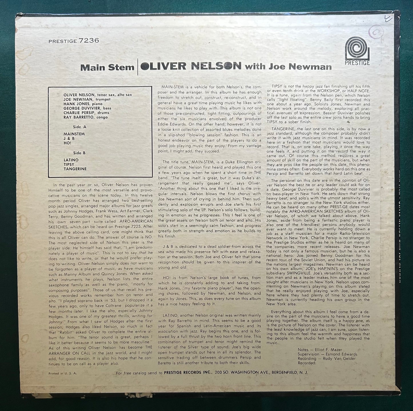 Oliver Nelson - Main Stem 1st Press 1962 Prestige Fireworks Label bergenfield