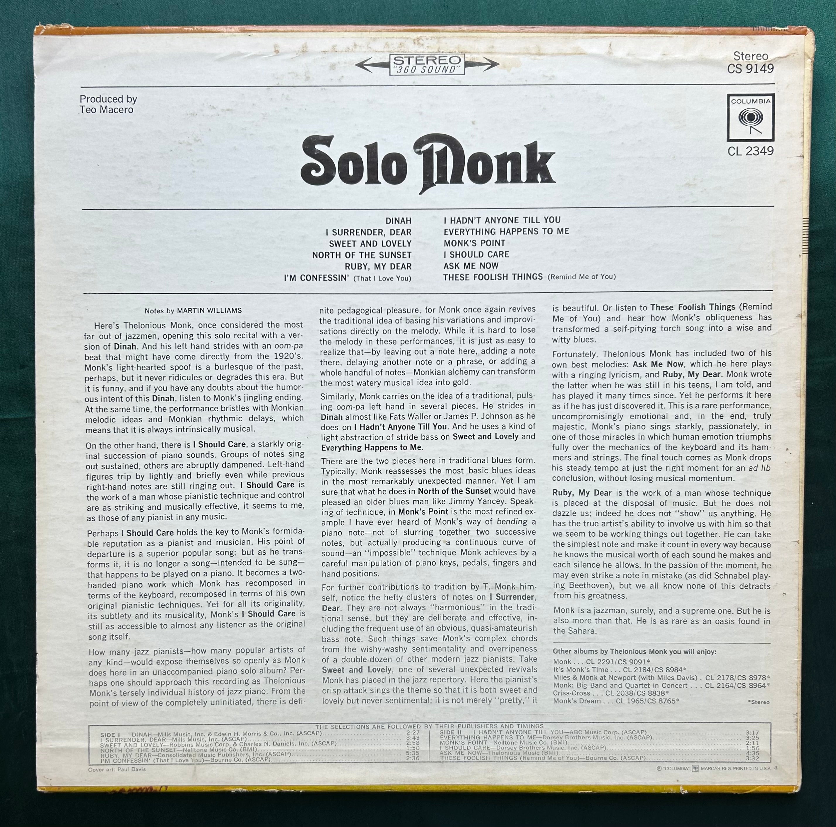 Thelonious Monk - Solo Monk 1965 Columbia 1st Stereo Press