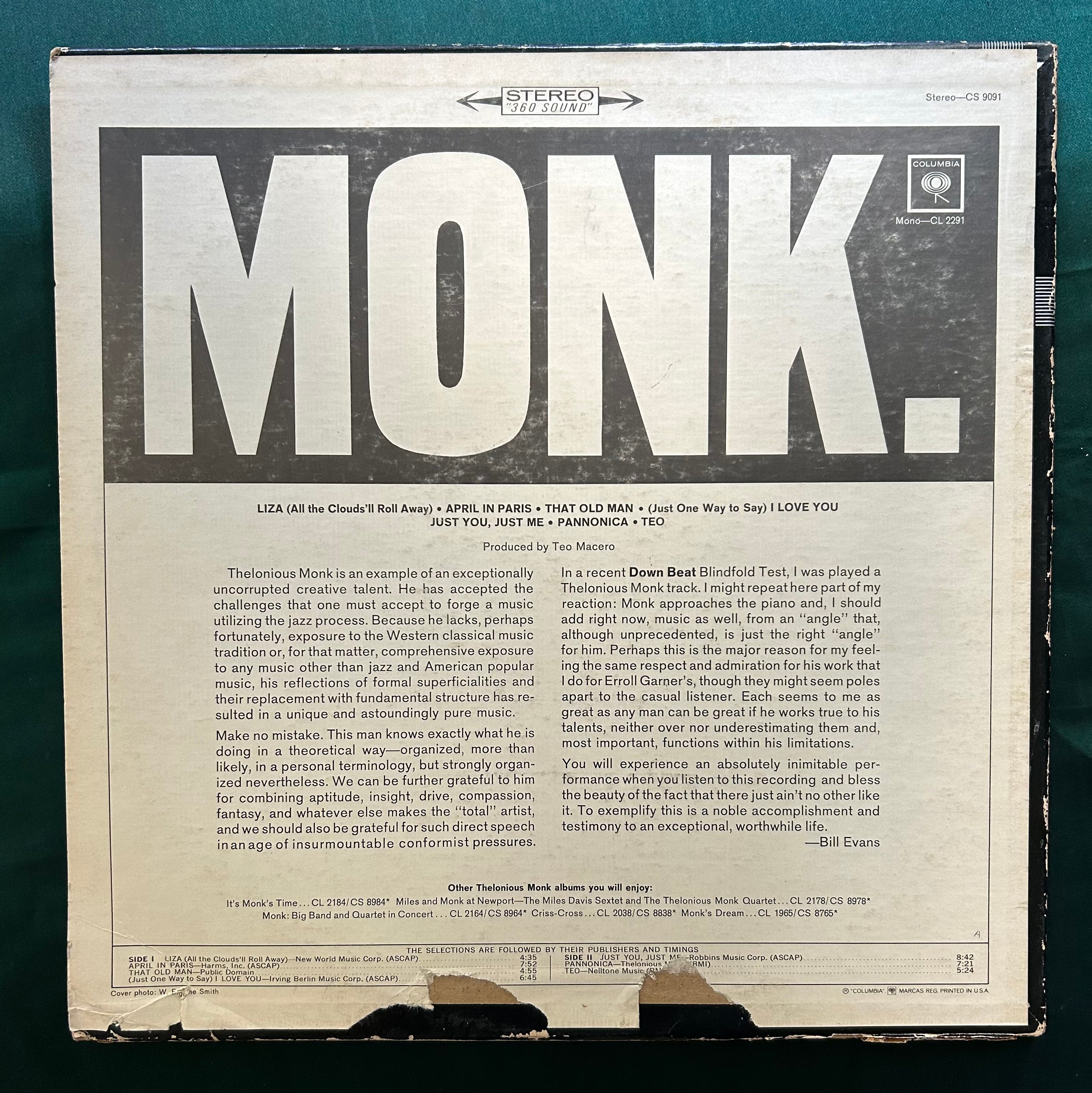 Thelonious Monk - Monk. 1965 1st Stereo Press Columbia 2-Eye