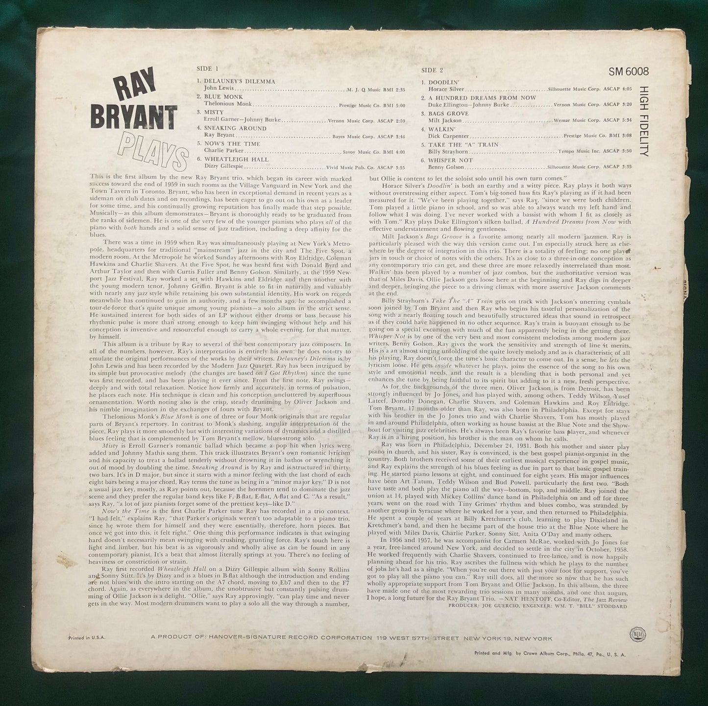 Ray Bryant Plays Rare 1960 Mono White Label Promo