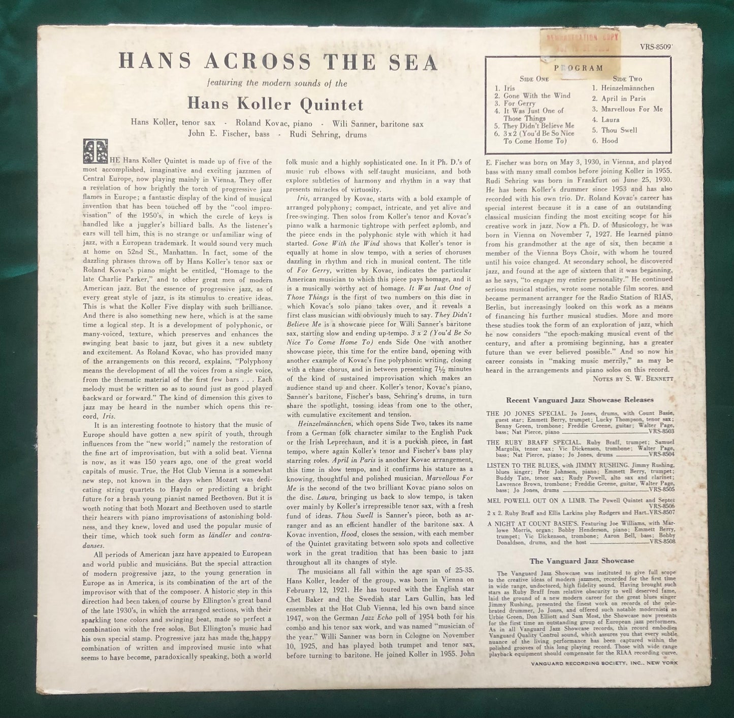 Hans Koller Quintet - Hans Across the Sea 1956 Vanguard European Jazz