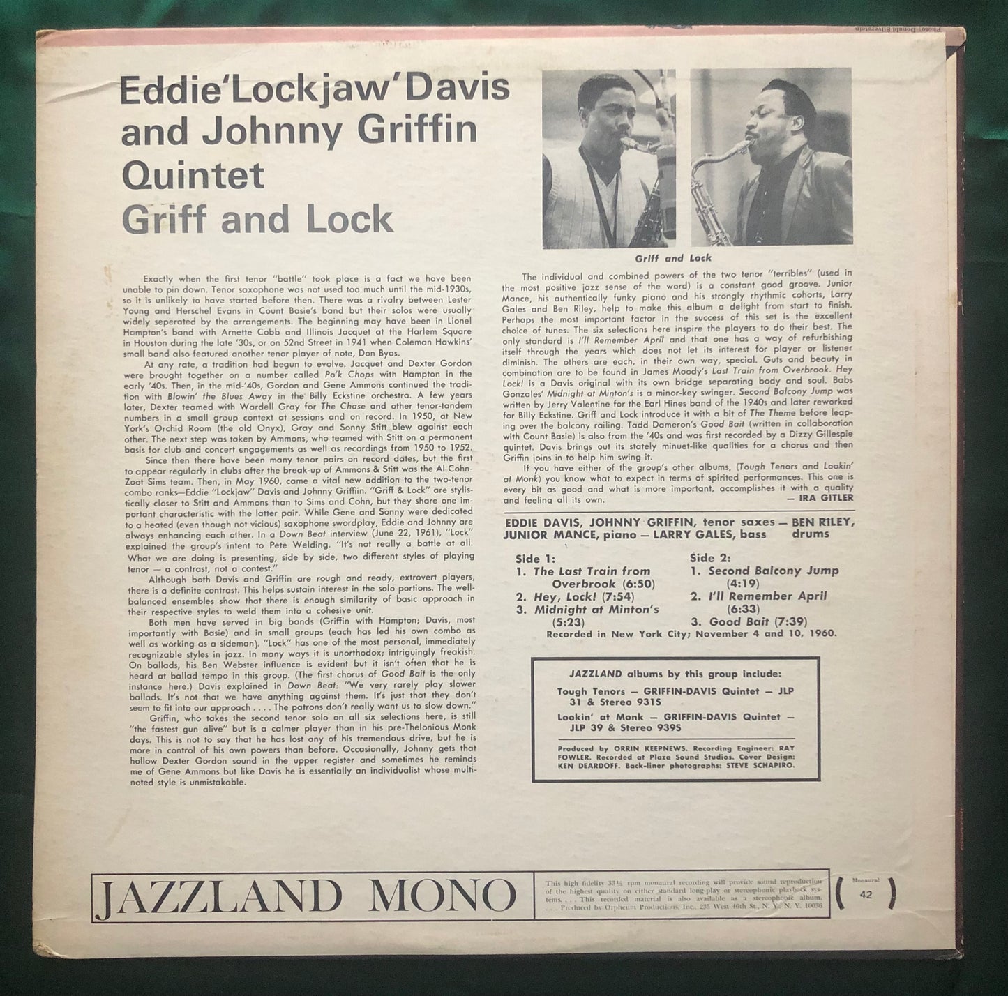 Eddie "Lockjaw" Davis & Johnny Griffin Quartet - Griff & Lock 1960's Jazzland Mono