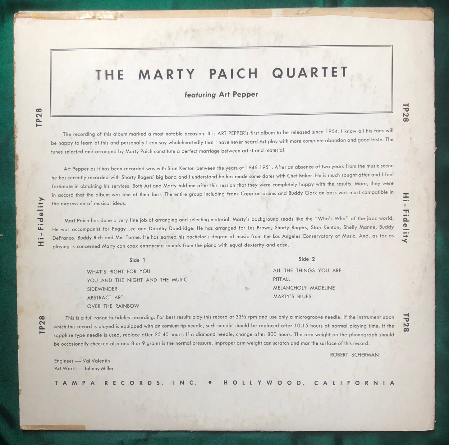 Marty Paich Quartet Featuring Art Pepper Tampa Records 1958